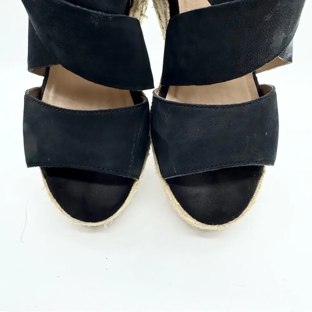 Soul Naturalizer Oshay Black Leather Espadrille Strappy Wedge Heel Sandal Size 6